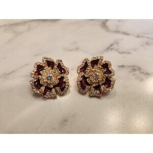 Joan Rivers Gold-Tone Red Enamel Flower Clip-On Earrings Crystal Rhinestone Vtg